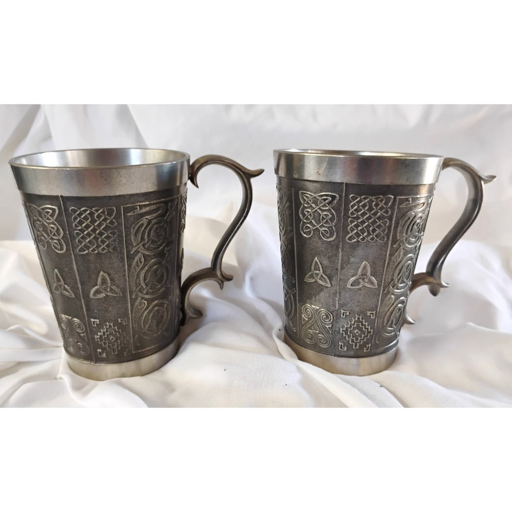 Pair of 4.25" Mullingar Pewter Mugs/Tanksrds Celtic knotwork and spiral motifs